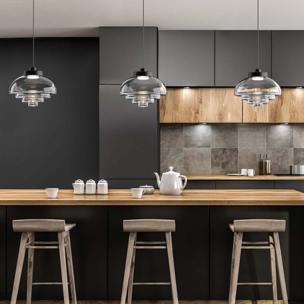 beautiful kitchen island with 3 Fresnel smart pendant lights